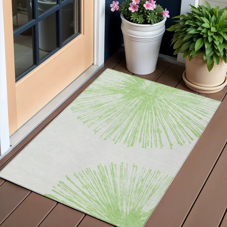 3' X 5' Artichoke Green And Ivory Abstract Washable Indoor Outdoor Area Rug