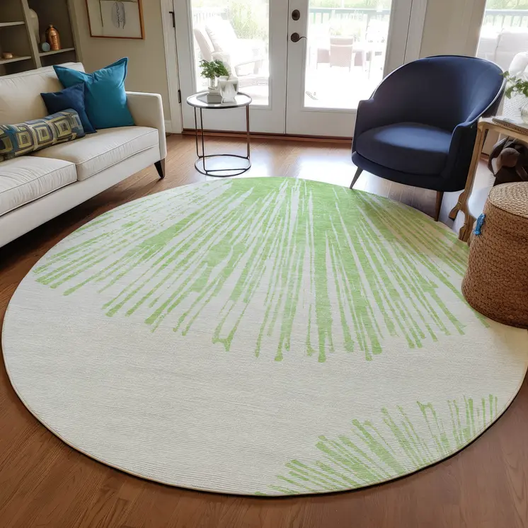 8' Artichoke Green And Ivory Round Abstract Washable Indoor Outdoor Area Rug