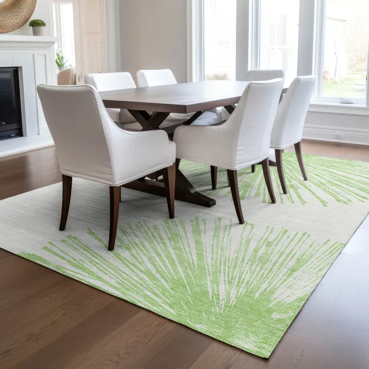 8' X 10' Artichoke Green And Ivory Abstract Washable Indoor Outdoor Area Rug