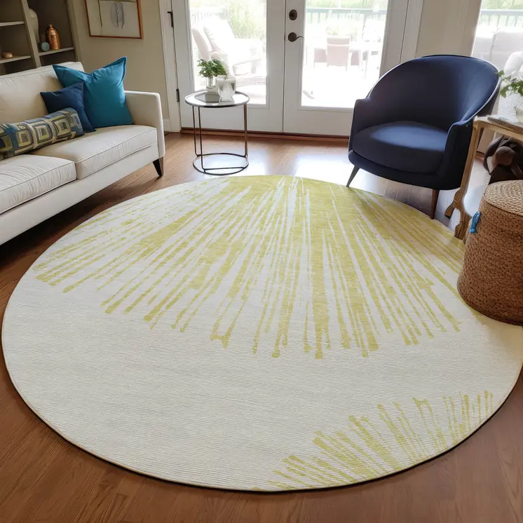 8' Beige And Ivory Round Abstract Washable Indoor Outdoor Area Rug