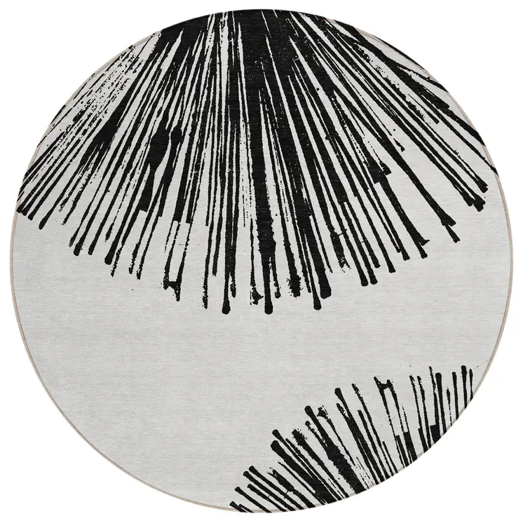8' Black And Ivory Round Abstract Washable Indoor Outdoor Area Rug
