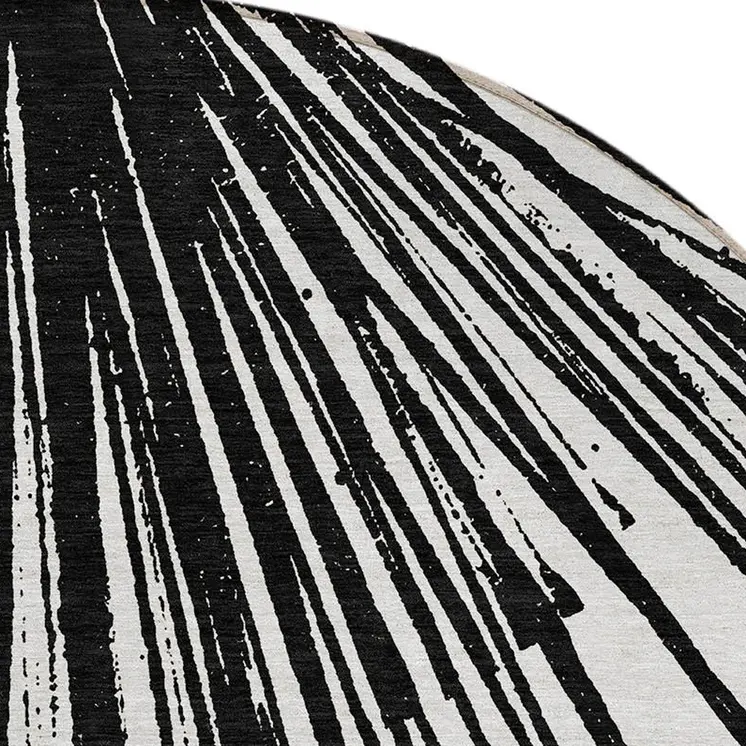 8' Black And Ivory Round Abstract Washable Indoor Outdoor Area Rug