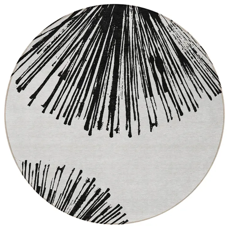 8' Black And Ivory Round Abstract Washable Indoor Outdoor Area Rug