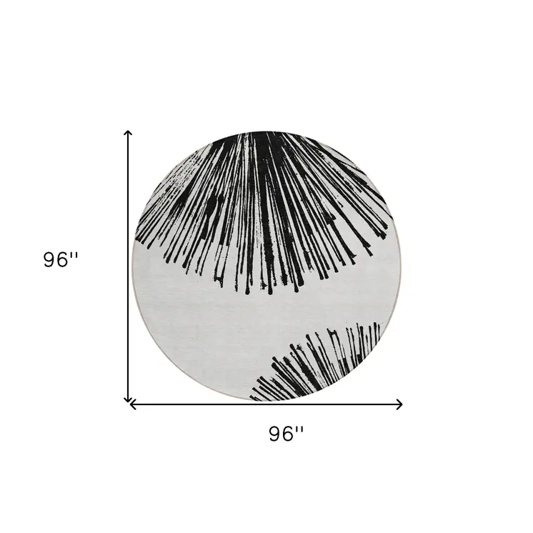 8' Black And Ivory Round Abstract Washable Indoor Outdoor Area Rug