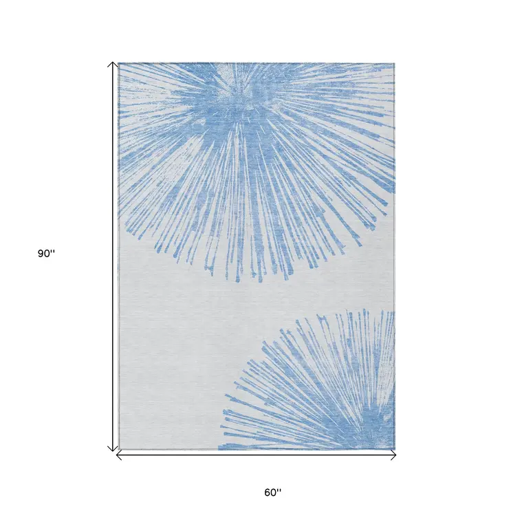 5' X 8' Denim Blue And Ivory Abstract Washable Indoor Outdoor Area Rug