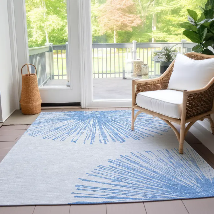 5' X 8' Denim Blue And Ivory Abstract Washable Indoor Outdoor Area Rug