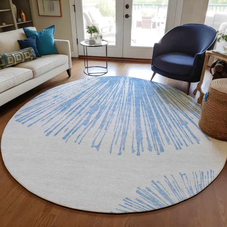 8' Denim Blue And Ivory Round Abstract Washable Indoor Outdoor Area Rug
