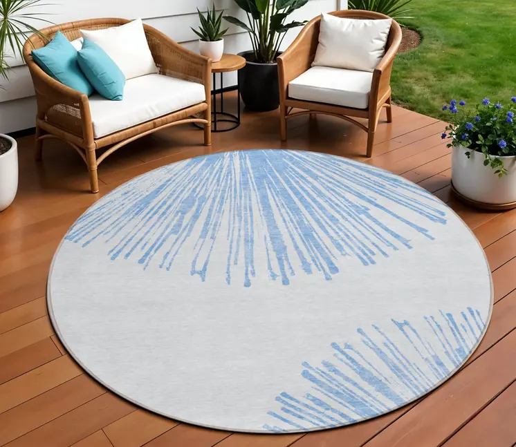 8' Denim Blue And Ivory Round Abstract Washable Indoor Outdoor Area Rug