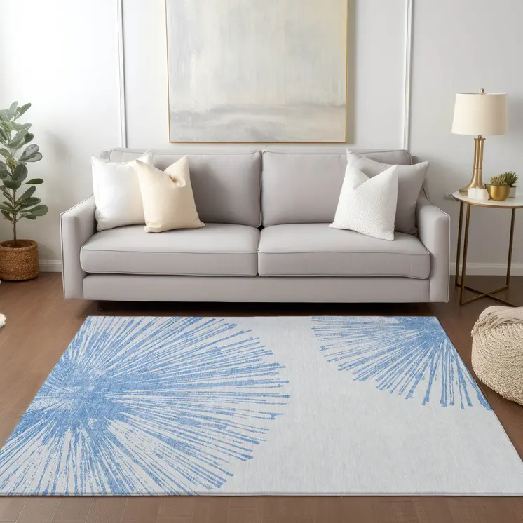 10' X 14' Denim Blue And Ivory Abstract Washable Indoor Outdoor Area Rug