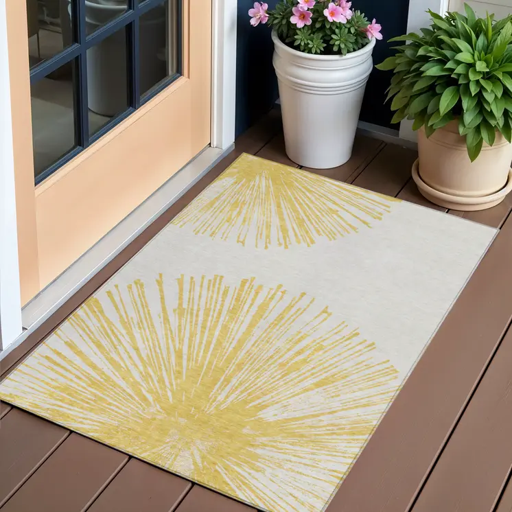3' X 5' Gold And Ivory Abstract Washable Indoor Outdoor Area Rug