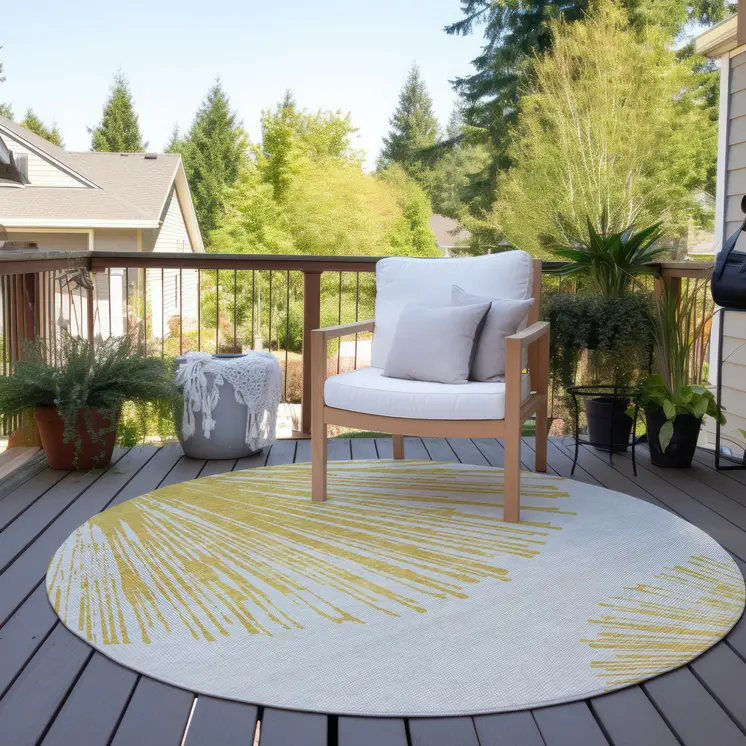8' Gold And Ivory Round Abstract Washable Indoor Outdoor Area Rug