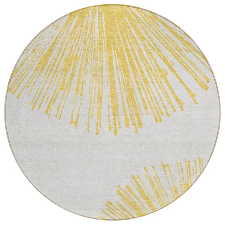 8' Gold And Ivory Round Abstract Washable Indoor Outdoor Area Rug