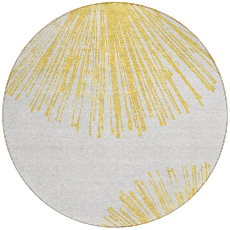 8' Gold And Ivory Round Abstract Washable Indoor Outdoor Area Rug
