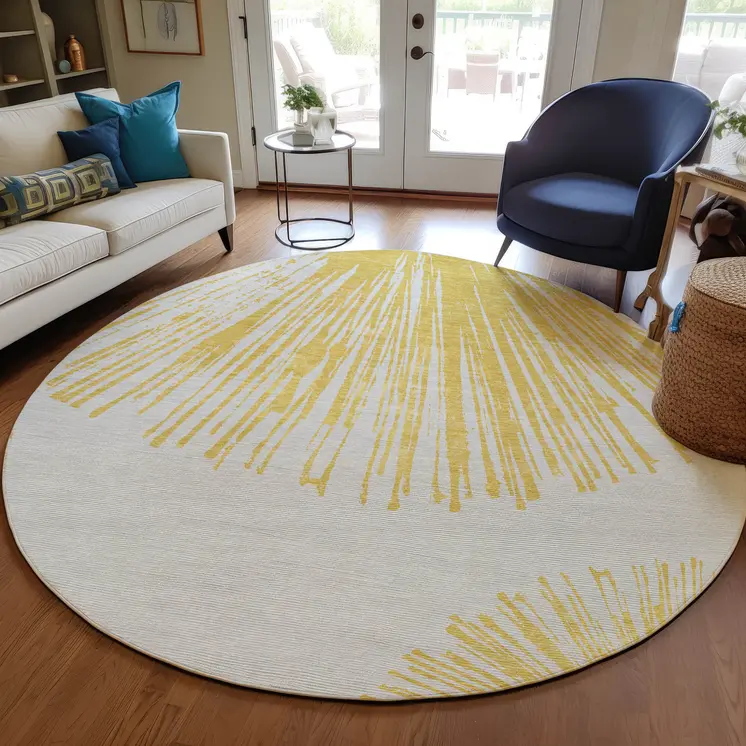 8' Gold And Ivory Round Abstract Washable Indoor Outdoor Area Rug