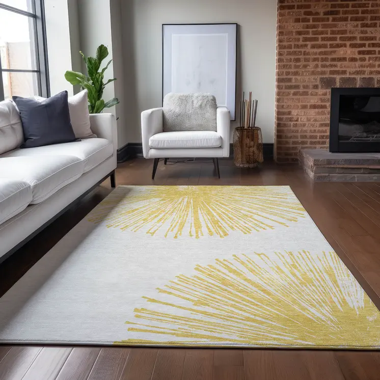 8' X 10' Gold And Ivory Abstract Washable Indoor Outdoor Area Rug