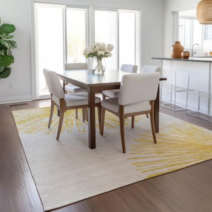 8' X 10' Gold And Ivory Abstract Washable Indoor Outdoor Area Rug