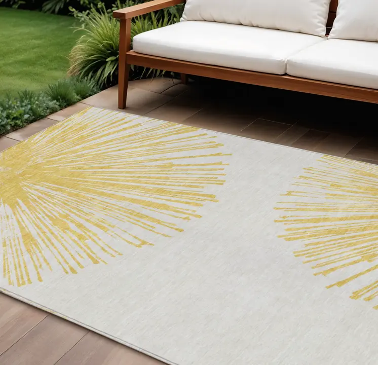 8' X 10' Gold And Ivory Abstract Washable Indoor Outdoor Area Rug