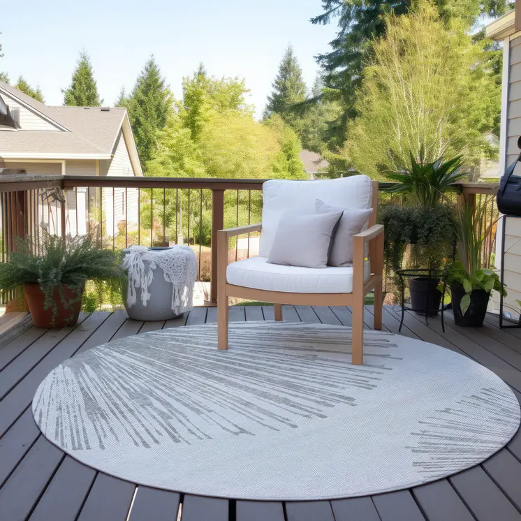 8' Gray And Ivory Round Abstract Washable Indoor Outdoor Area Rug