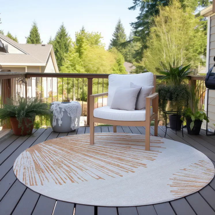 8' Salmon And Ivory Round Abstract Washable Indoor Outdoor Area Rug