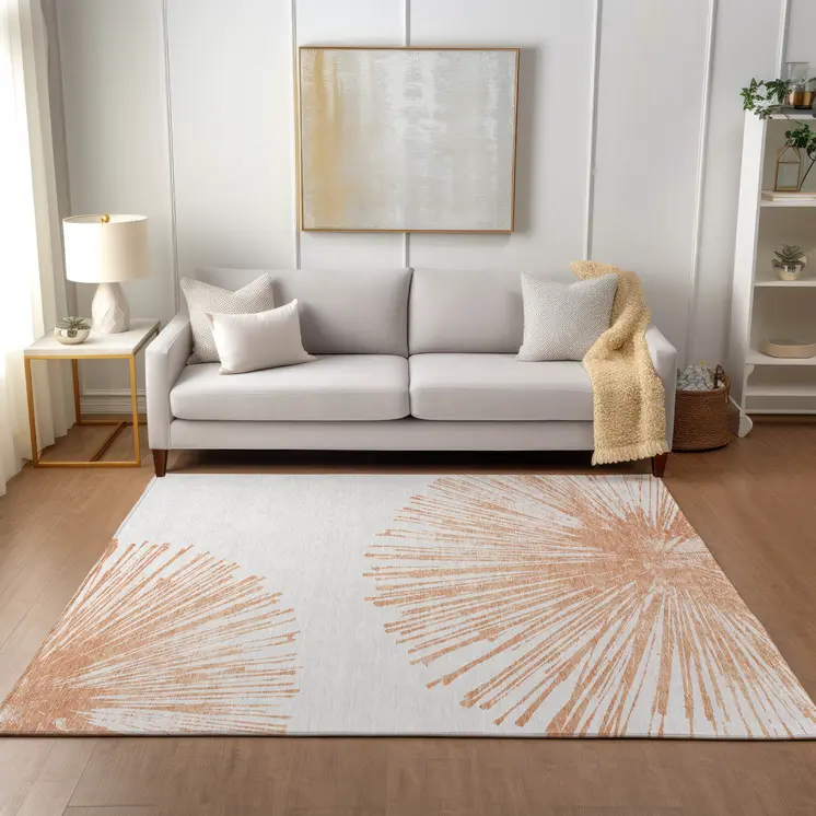 9' X 12' Salmon And Ivory Abstract Washable Indoor Outdoor Area Rug