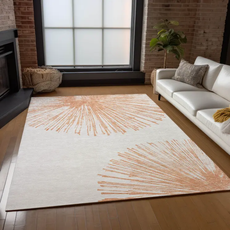10' X 14' Salmon And Ivory Abstract Washable Indoor Outdoor Area Rug