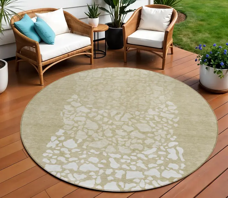 8' Beige Tan And Taupe Round Abstract Washable Indoor Outdoor Area Rug