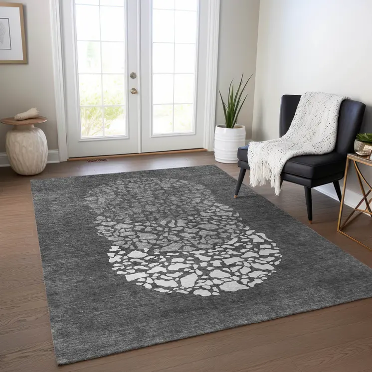 5' X 8' Charcoal Gray And Silver Abstract Washable Indoor Outdoor Area Rug