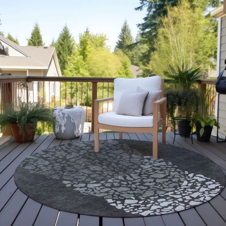 8' Charcoal Gray And Silver Round Abstract Washable Indoor Outdoor Area Rug