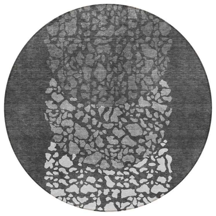 8' Charcoal Gray And Silver Round Abstract Washable Indoor Outdoor Area Rug