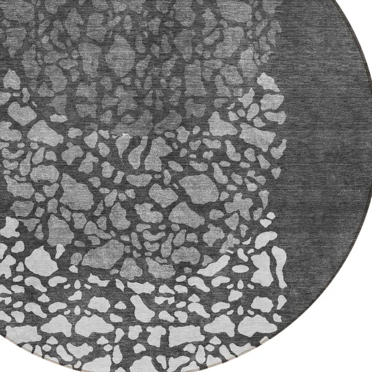 8' Charcoal Gray And Silver Round Abstract Washable Indoor Outdoor Area Rug
