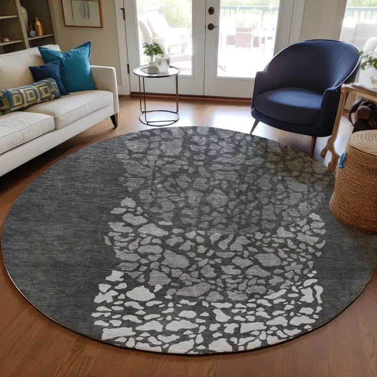 8' Charcoal Gray And Silver Round Abstract Washable Indoor Outdoor Area Rug
