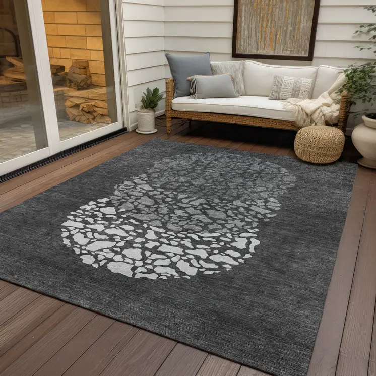 8' X 10' Charcoal Gray And Silver Abstract Washable Indoor Outdoor Area Rug