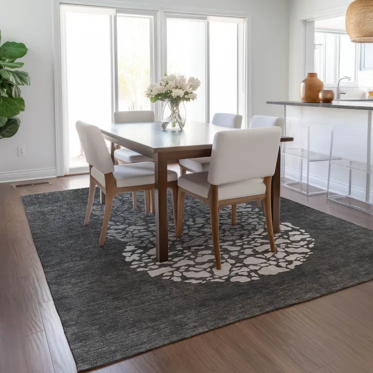 10' X 14' Charcoal Gray And Silver Abstract Washable Indoor Outdoor Area Rug