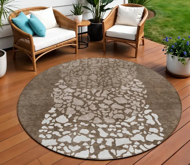 8' Chocolate And Taupe Round Abstract Washable Indoor Outdoor Area Rug