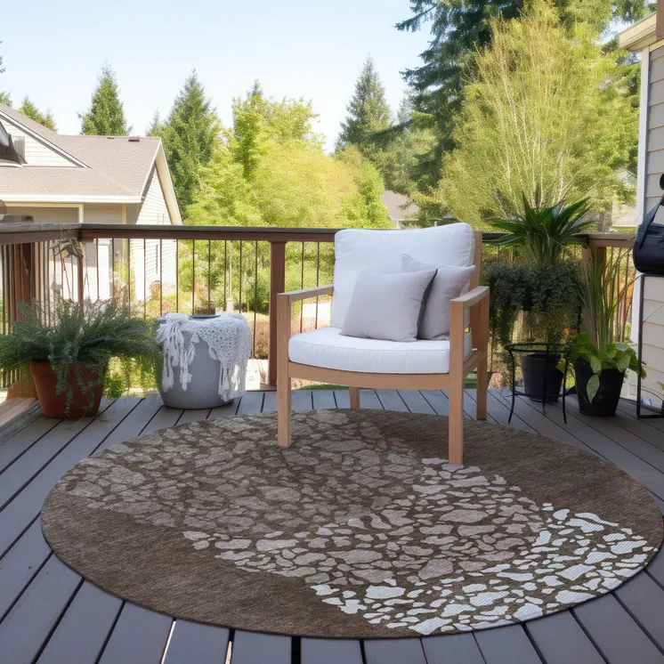 8' Chocolate And Taupe Round Abstract Washable Indoor Outdoor Area Rug