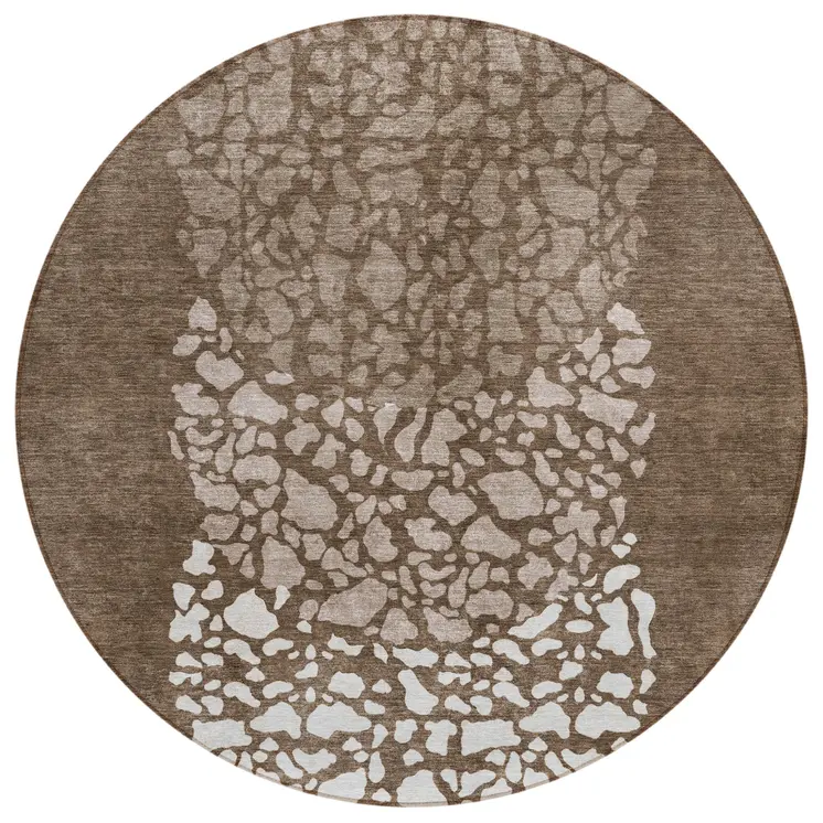8' Chocolate And Taupe Round Abstract Washable Indoor Outdoor Area Rug