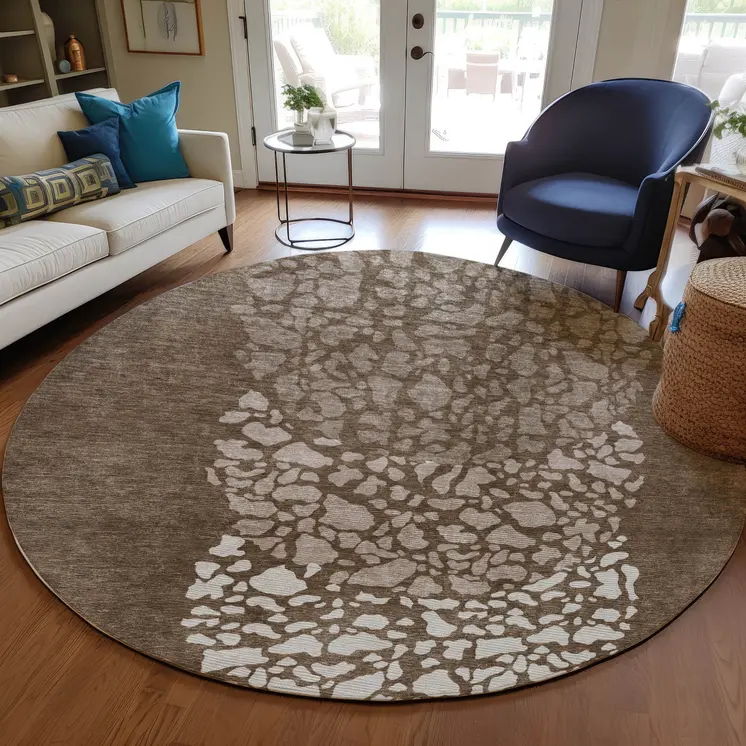 8' Chocolate And Taupe Round Abstract Washable Indoor Outdoor Area Rug
