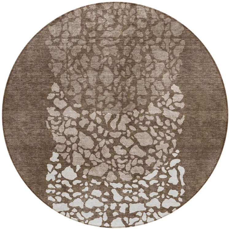 8' Chocolate And Taupe Round Abstract Washable Indoor Outdoor Area Rug