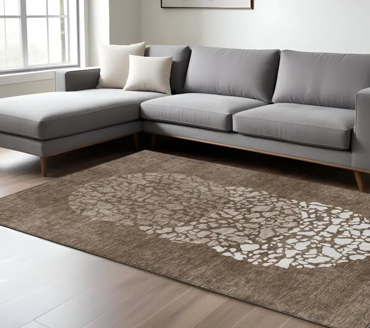 9' X 12' Chocolate And Taupe Abstract Washable Indoor Outdoor Area Rug