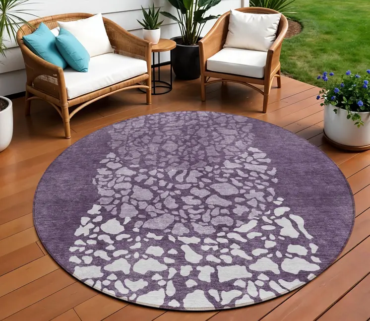 8' Eggplant Purple And Lilac Round Abstract Washable Indoor Outdoor Area Rug