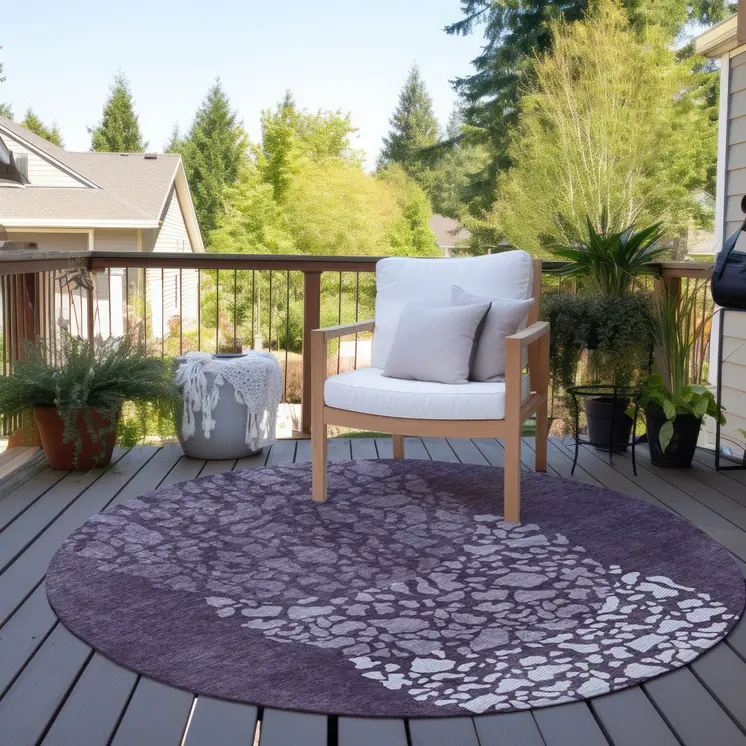 8' Eggplant Purple And Lilac Round Abstract Washable Indoor Outdoor Area Rug
