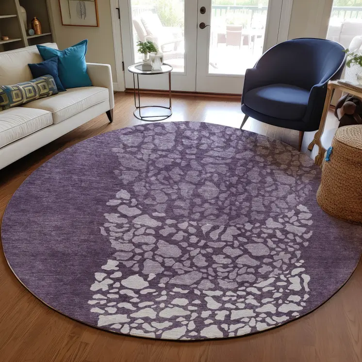 8' Eggplant Purple And Lilac Round Abstract Washable Indoor Outdoor Area Rug