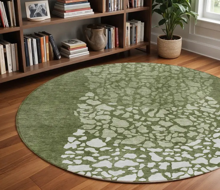 8' Olive Green And Artichoke Green Round Abstract Washable Indoor Outdoor Area Rug