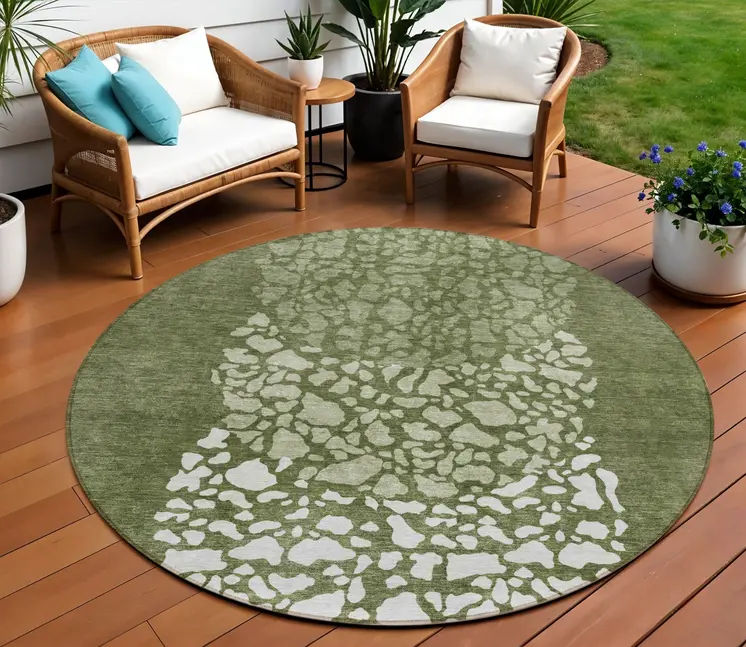 8' Olive Green And Artichoke Green Round Abstract Washable Indoor Outdoor Area Rug