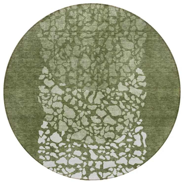 8' Olive Green And Artichoke Green Round Abstract Washable Indoor Outdoor Area Rug