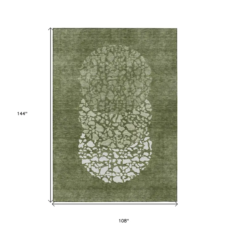 9' X 12' Olive Green And Artichoke Green Abstract Washable Indoor Outdoor Area Rug