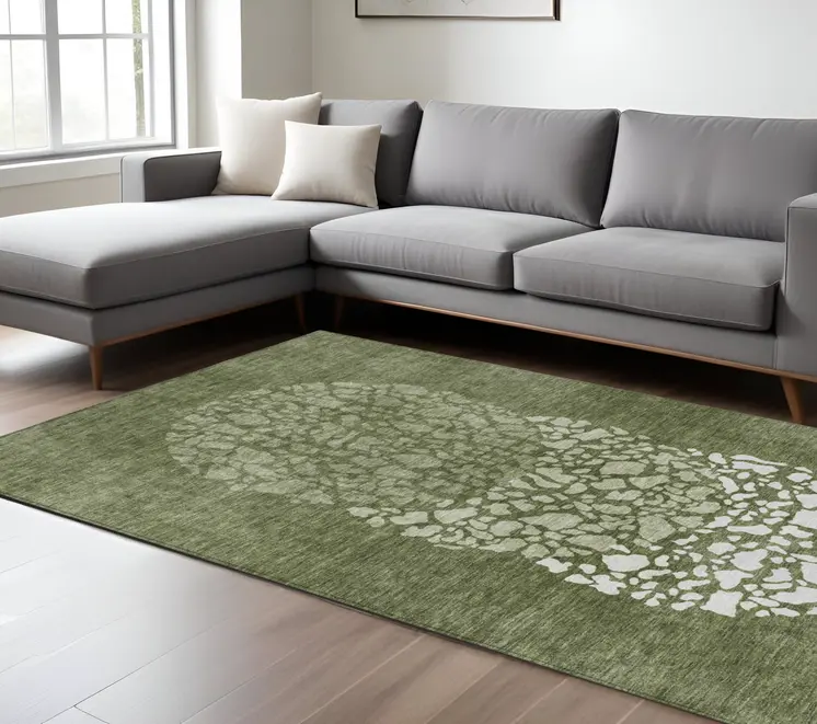 9' X 12' Olive Green And Artichoke Green Abstract Washable Indoor Outdoor Area Rug