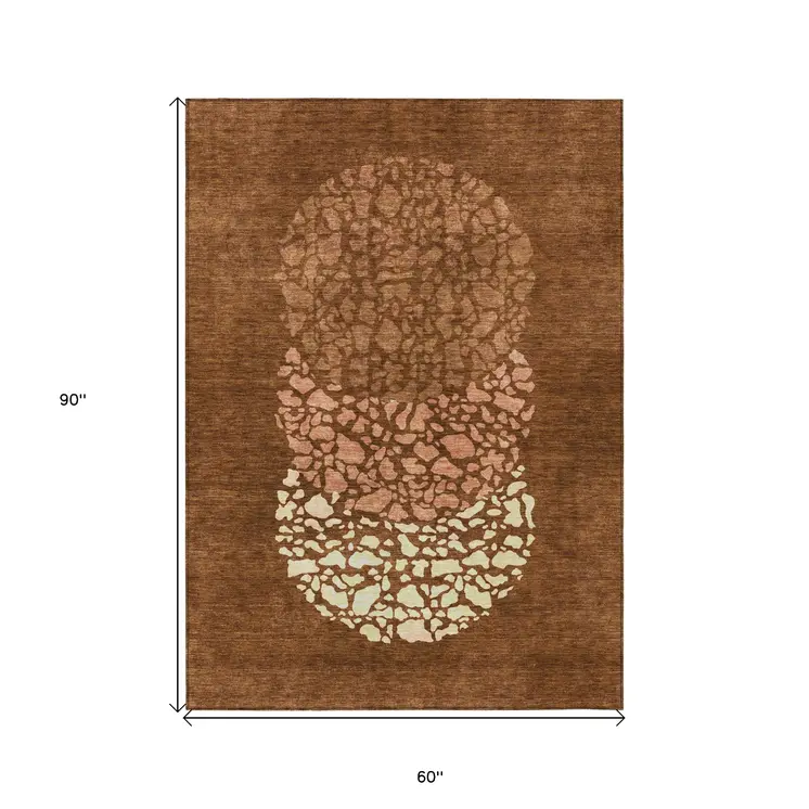5' X 8' Orange Terra Cotta And Ivory Abstract Washable Indoor Outdoor Area Rug