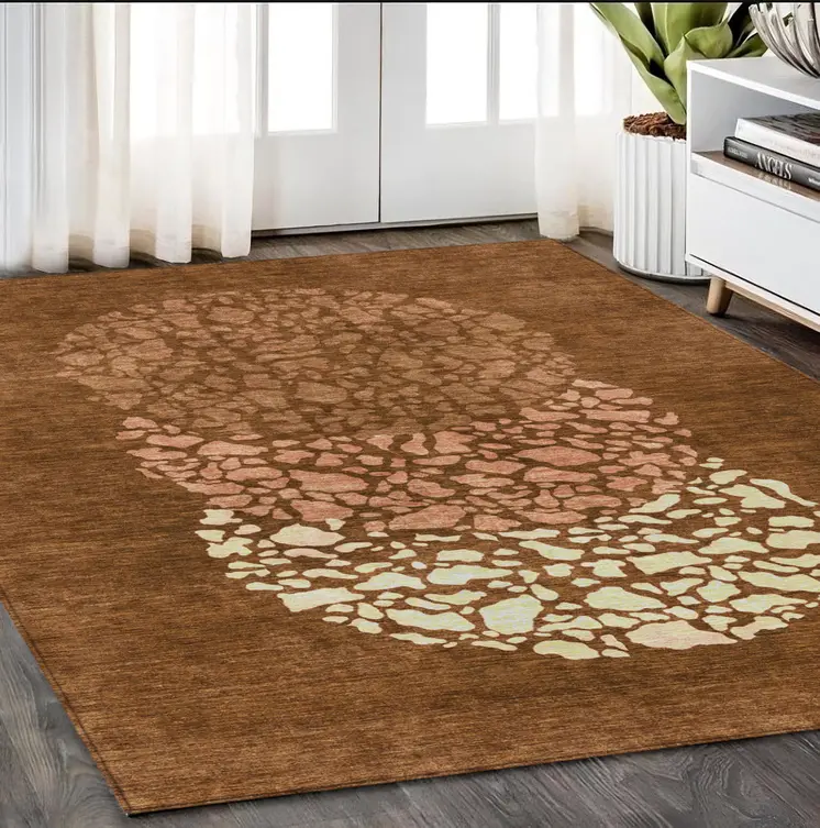 5' X 8' Orange Terra Cotta And Ivory Abstract Washable Indoor Outdoor Area Rug