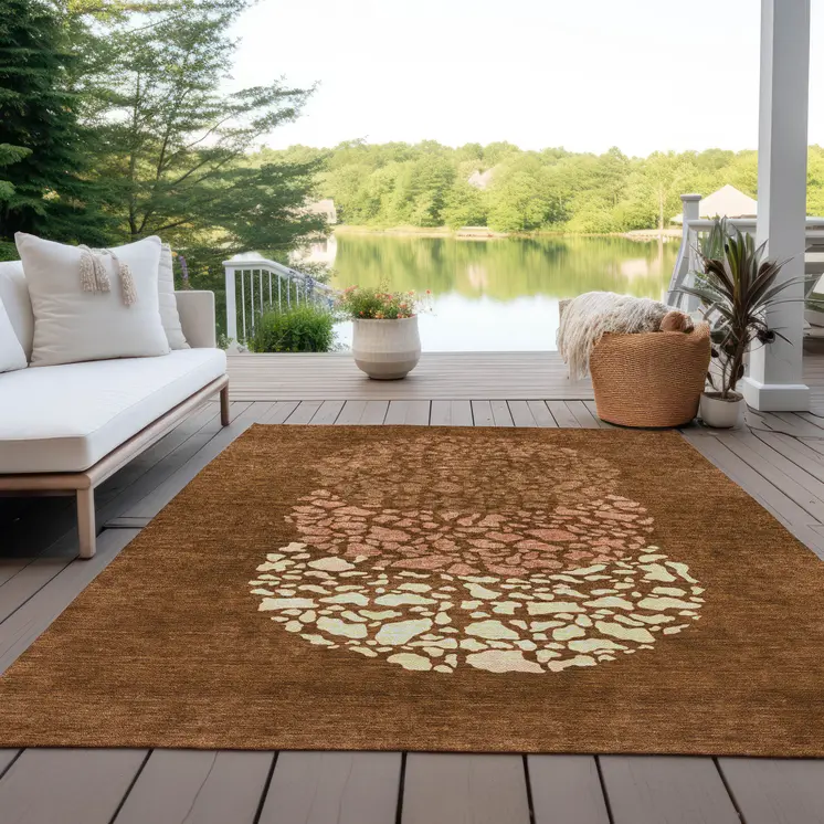 5' X 8' Orange Terra Cotta And Ivory Abstract Washable Indoor Outdoor Area Rug